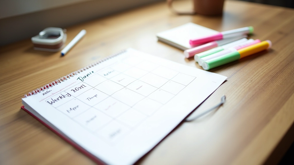 Handgeschreven weekschema op papiertje met gekleurde markeringen, pen naast notitieboek