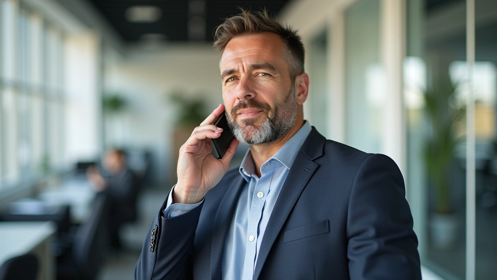 Man aan telefoon in kantoor, stellige blik, professionele setting met ramen, daglicht