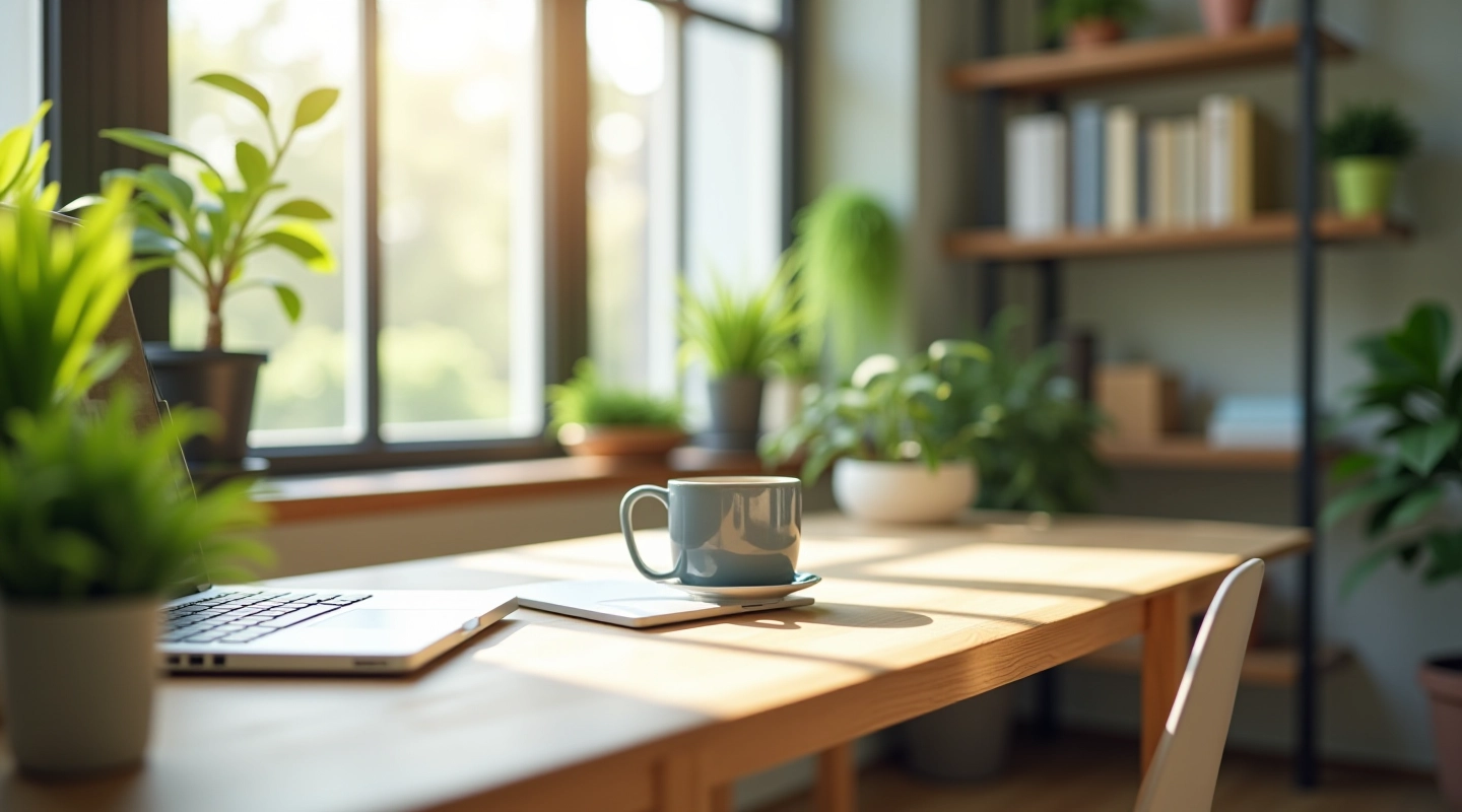 Moderne werkplek met balans tussen rust en productiviteit, natuurlijk licht door groot raam, minimalistisch bureau met laptop en planten