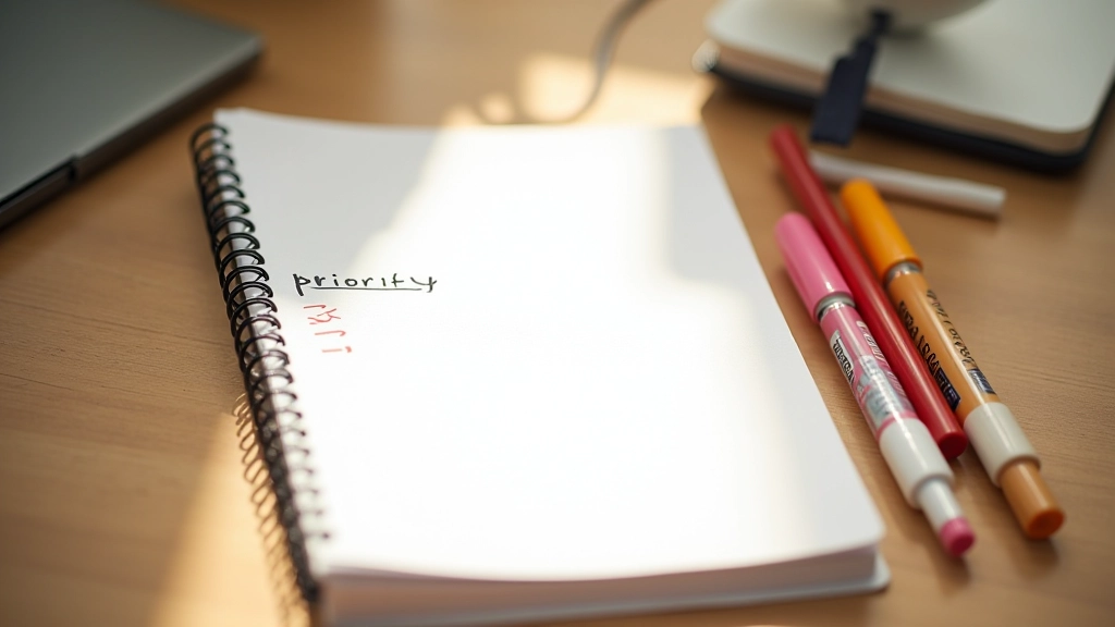 Notitieblok met aantekeningen over doelen en prioriteiten, kleurrijke markers, professioneel bureau