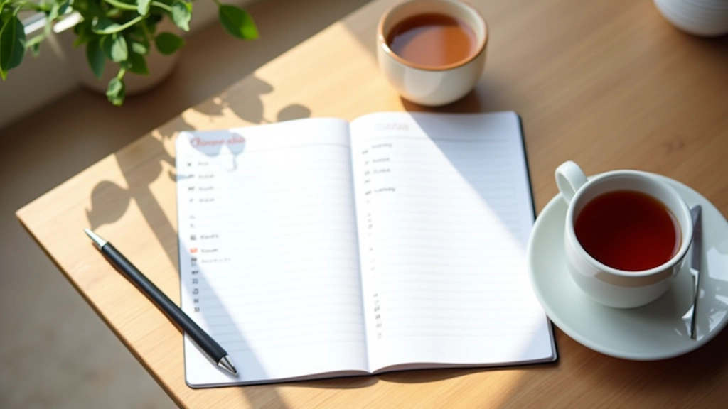 Geopende agenda op een bureau met pen en kopje thee, ochtendlicht, minimalistisch