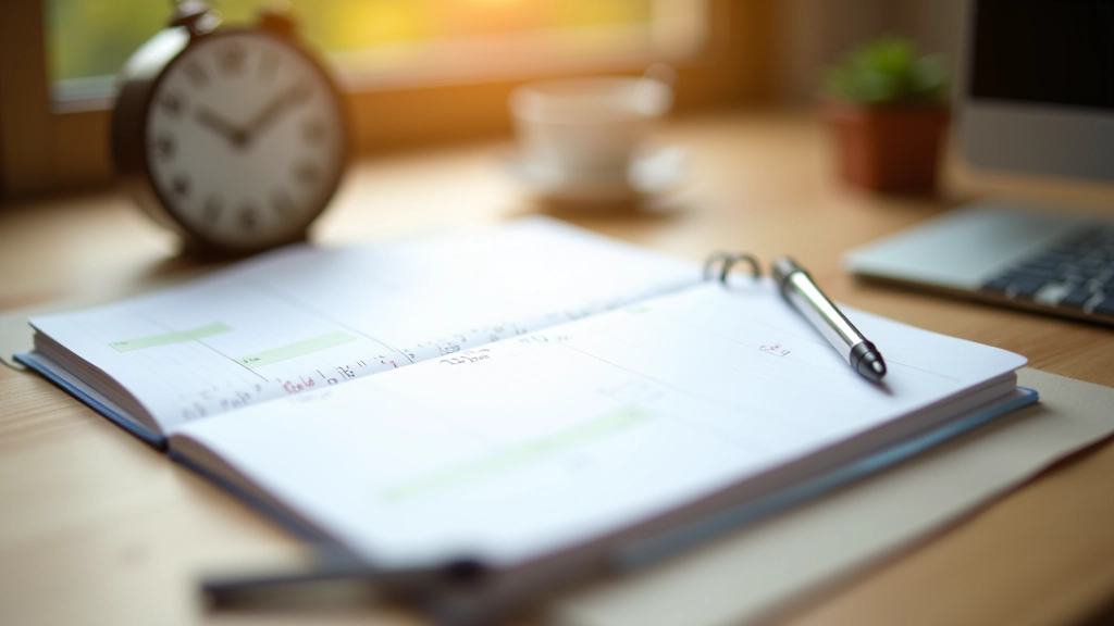 Agenda en klok op bureau, timeboxing methode gevisualiseerd, gestructureerde werkdag planning, warm licht, productiviteit concept