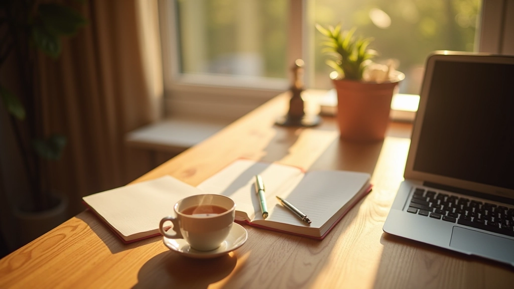 Bovenaanzicht van een bureau met een kopje thee, notitieboekje en pen, zonnlicht door raam