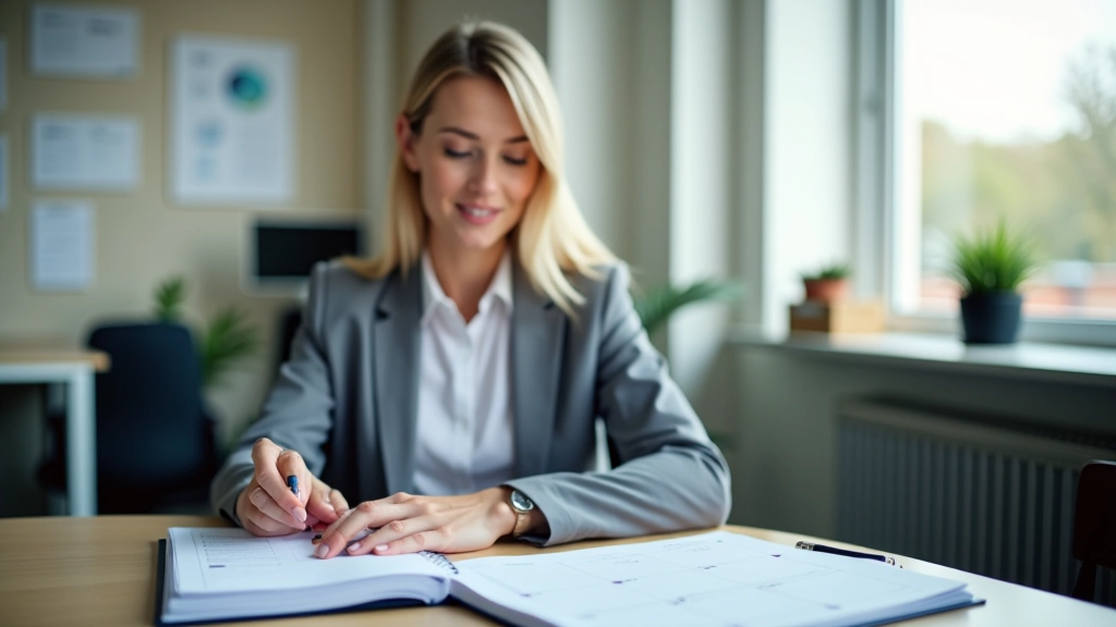 Persoon werkend aan bureau met geplande weekplanner, rustige werkplek, natuurlijk licht, focus op planning
