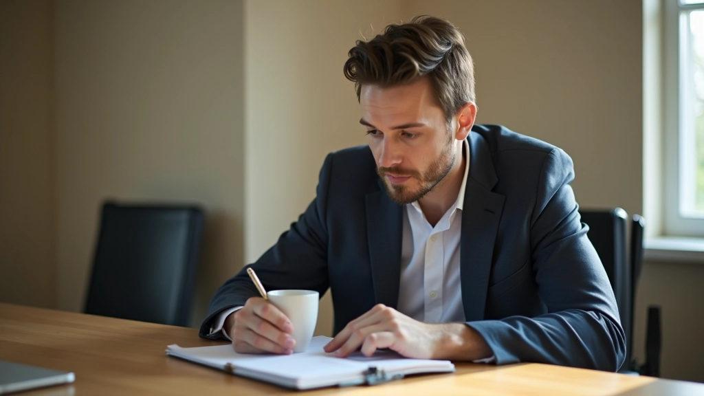 Persoon aan houten bureau met geopende notitieboek, kopje koffie, heldere ochtendlicht, geconcentreerde uitdrukking