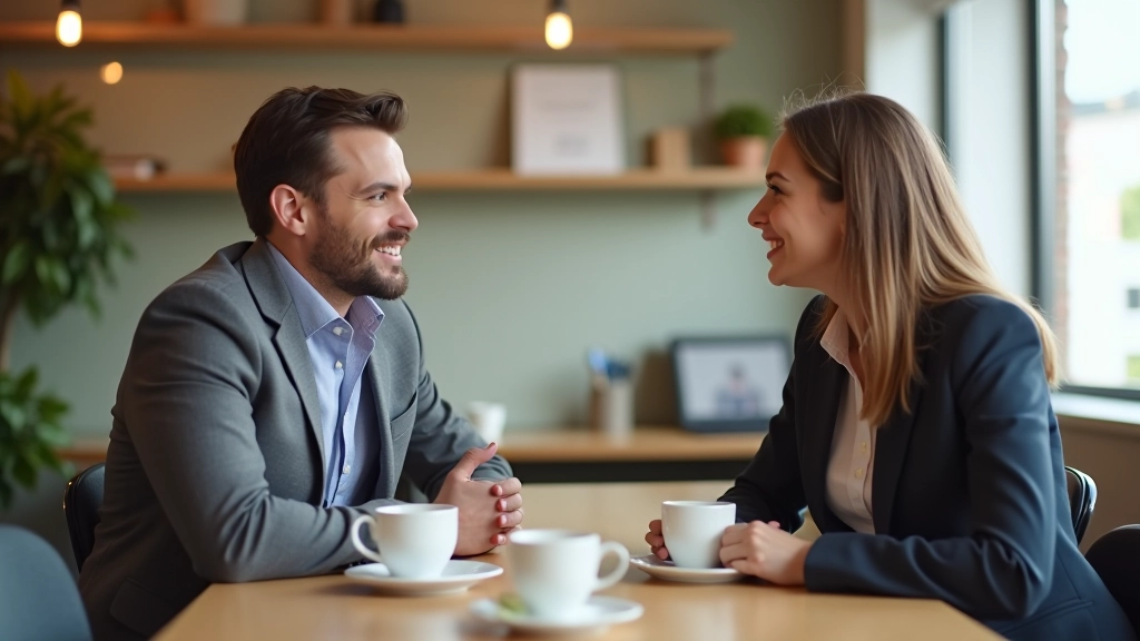 Twee collega's in gesprek bij koffiehoek, ontspannen, natuurlijke setting, daglicht