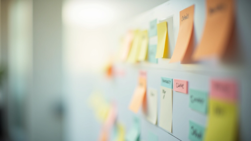 Kalender op muur met gekleurde markering van taken en deadlines, visueel geprioriteerd schema