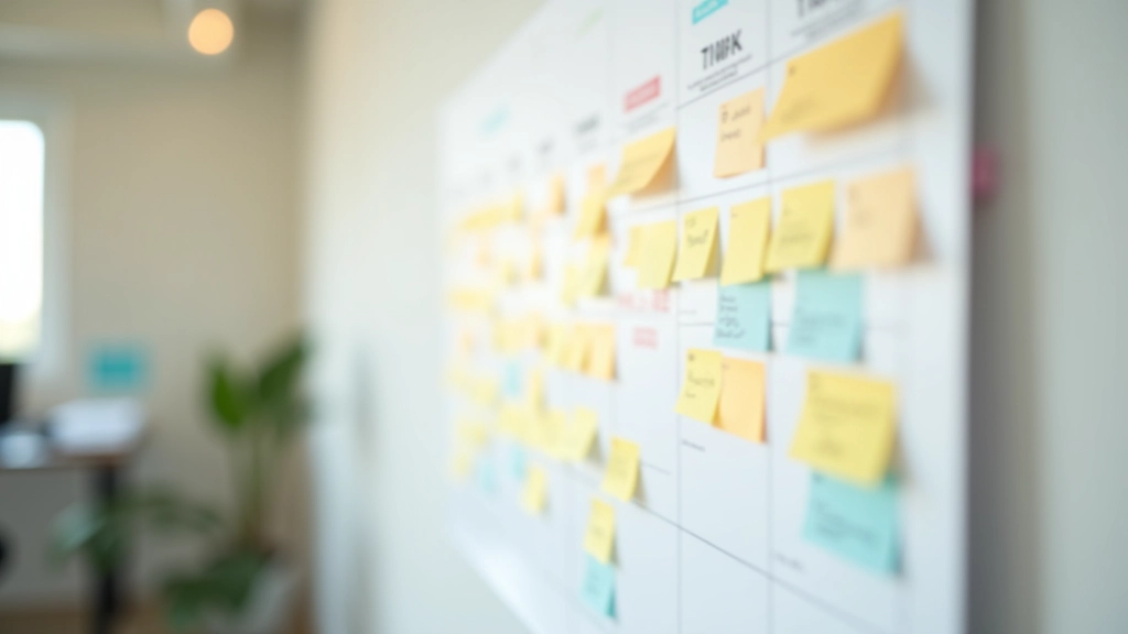 Kalender op muur met gekleurde post-its en aangetekende blokken, dagelijks overzicht