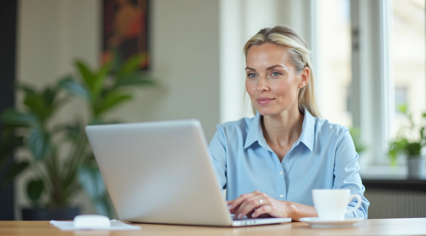 Professionele vrouw aan een bureau met laptop, notitieboekje en koffie, natuurlijk licht van het raam