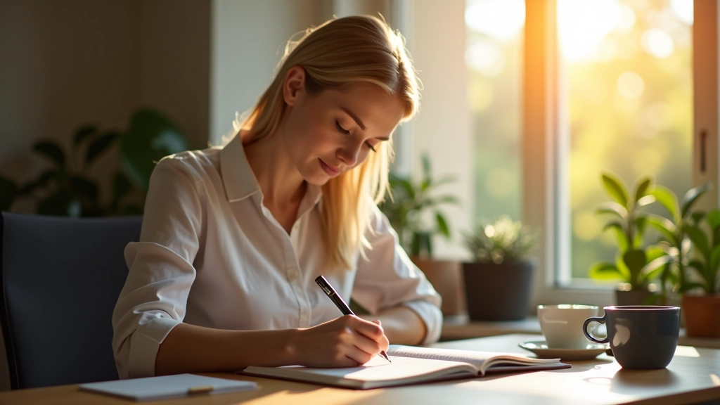 Vrouw schrijft in notitieboekje op bureau met kopje thee, zonnig kantoor, scherpe focus