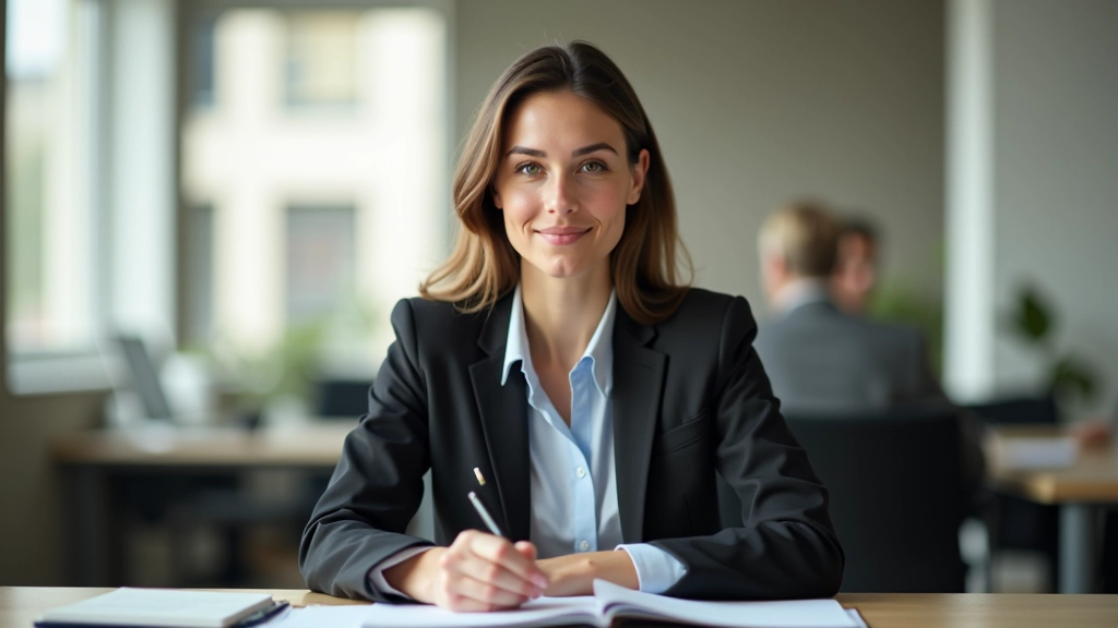 Vrouw aan bureau die zelfverzekerd nee zegt, notebook met aantekeningen, moderne kantoor omgeving, natuurlijk licht, kalm moment